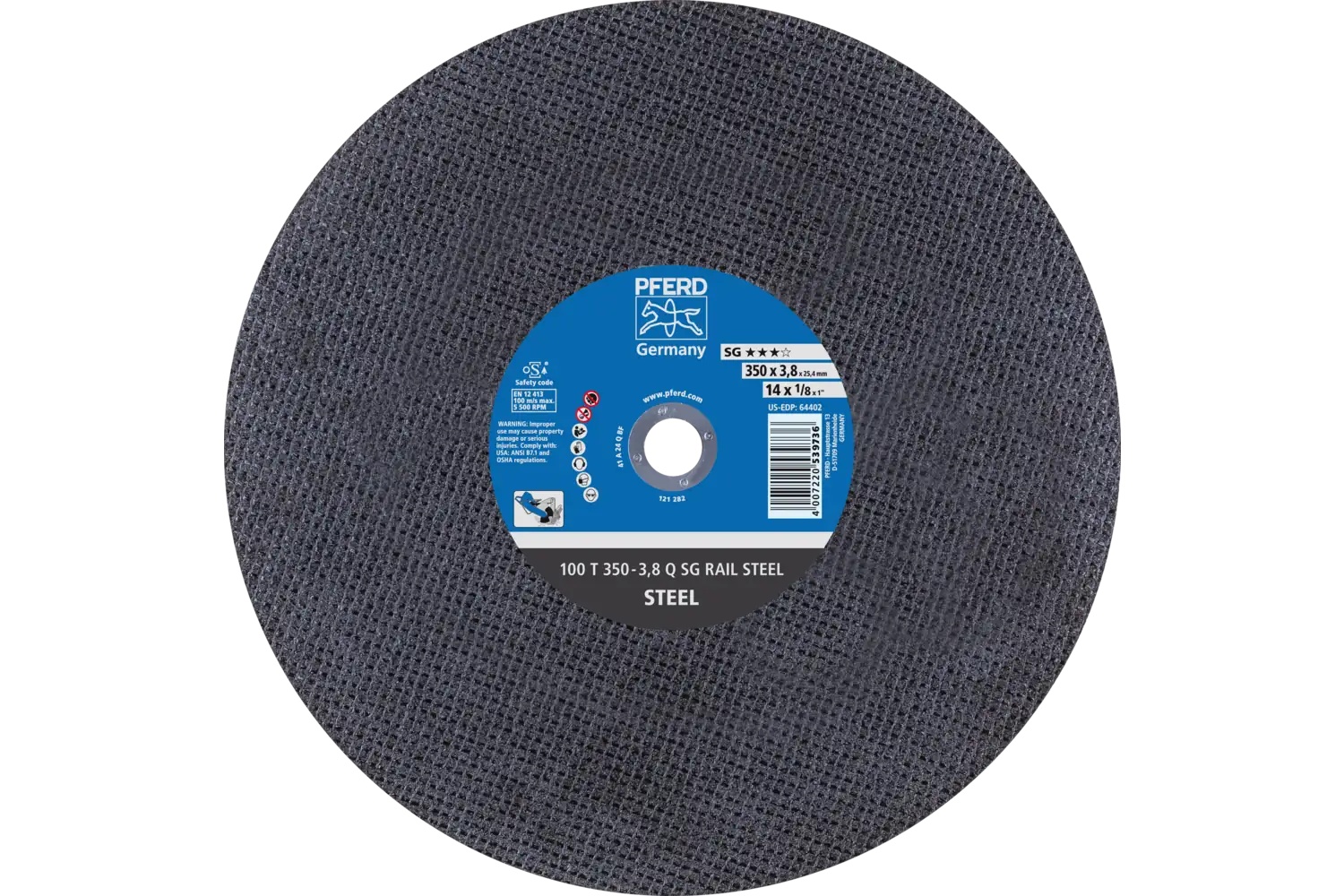 Picture of Pferd Large Diameter Cut-Off Wheel 14" X 7/64 X 1, Sg Rail Steel, Q, Aluminum Oxide